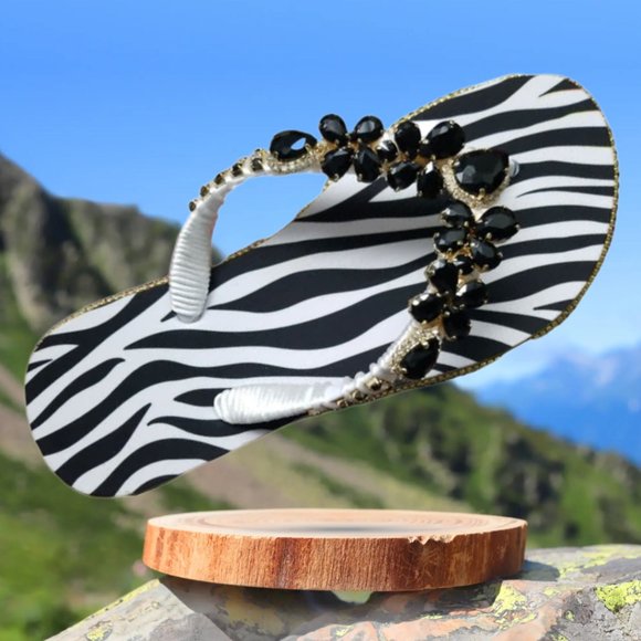 Women's Luxury zebra print flip flops with crystals and rhinestones all occasion - Picture 13 of 16
